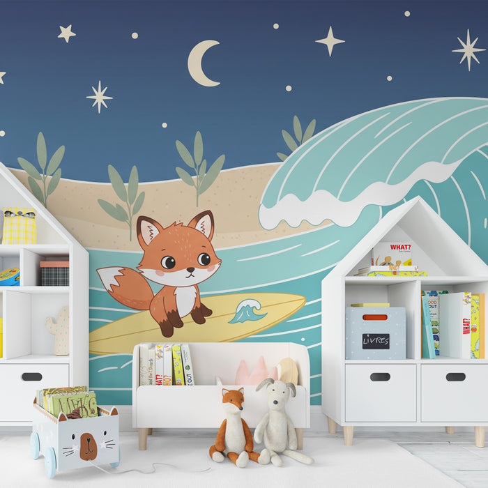 Papier peint chambre enfant | Renard sur sa planche de surf au clair de lune