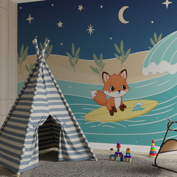 Papier peint chambre enfant | Renard sur sa planche de surf au clair de lune