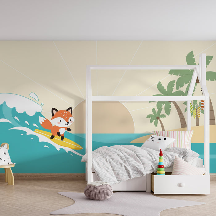 Papier peint chambre enfant | Renard surfeur et plage tropicale