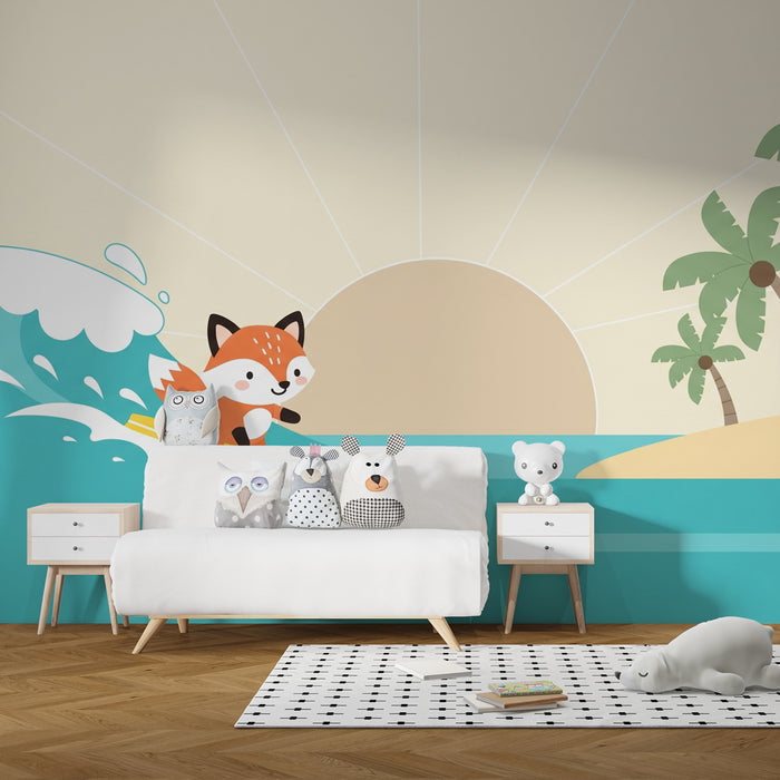 Papier peint chambre enfant | Renard surfeur et plage tropicale