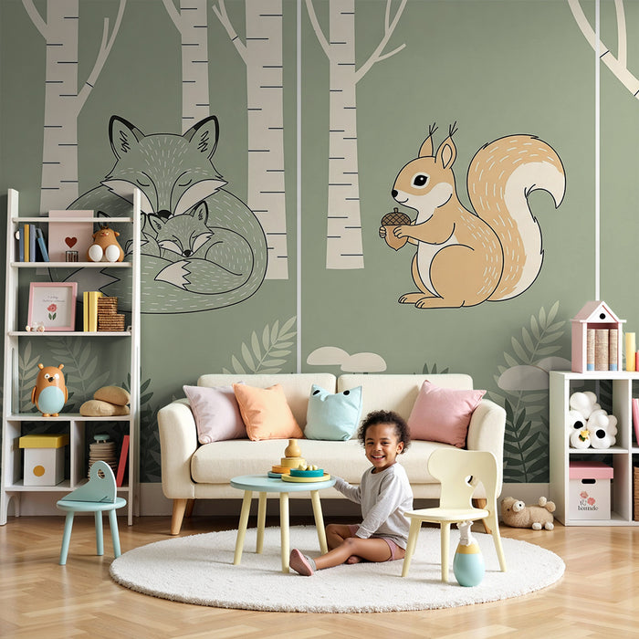 Kinderzimmer Tapete | Kuschelige Füchse und Eichhörnchen in einem beruhigenden Wald