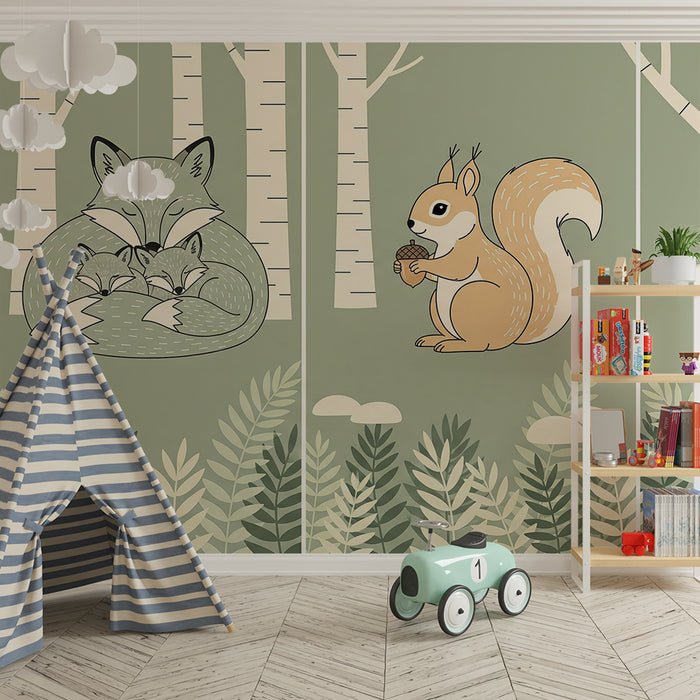 Kinderzimmer Tapete | Kuschelige Füchse und Eichhörnchen in einem beruhigenden Wald
