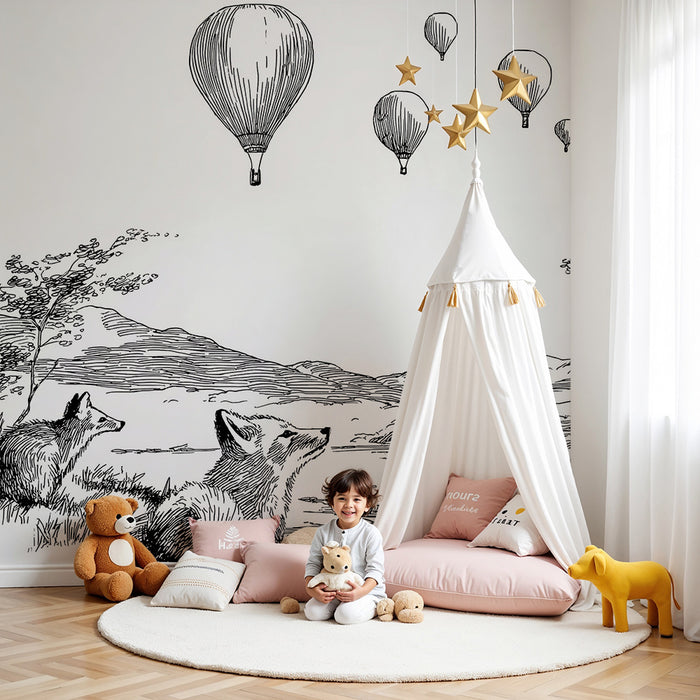 Papel pintado infantil | Zorros curiosos bajo globos aerostáticos en un paisaje sereno