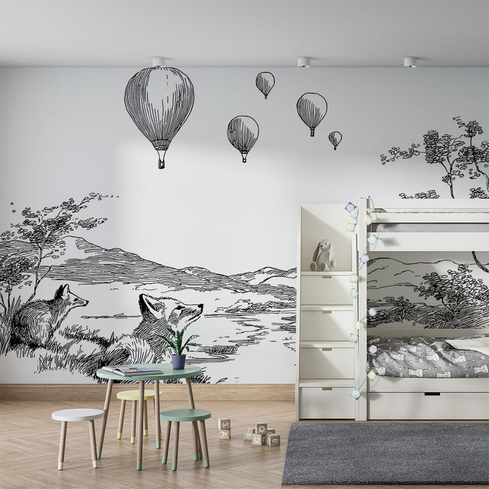 Papel pintado infantil | Zorros curiosos bajo globos aerostáticos en un paisaje sereno