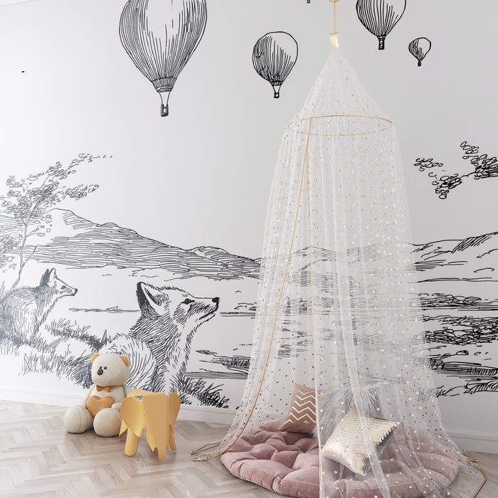 Papel pintado infantil | Zorros curiosos bajo globos aerostáticos en un paisaje sereno