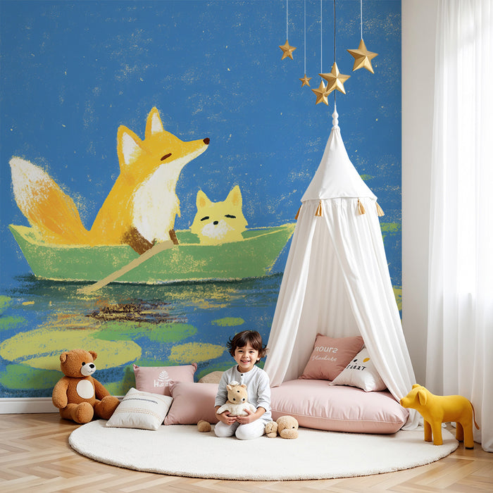Papier peint chambre enfant | Renards dans un canoë sur un lac paisible