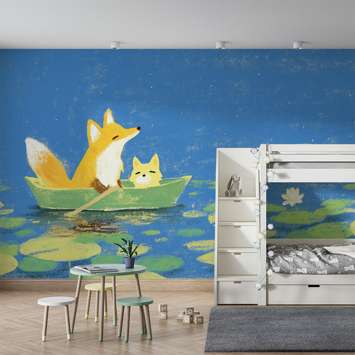 Papier peint chambre enfant | Renards dans un canoë sur un lac paisible