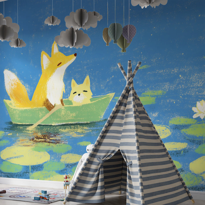 Papier peint chambre enfant | Renards dans un canoë sur un lac paisible