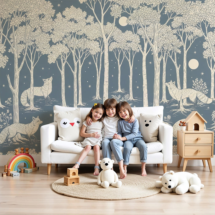 Children's bedroom wallpaper | Foxes in a starry forest with trees and moon