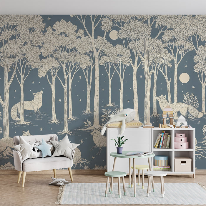 Children's bedroom wallpaper | Foxes in a starry forest with trees and moon