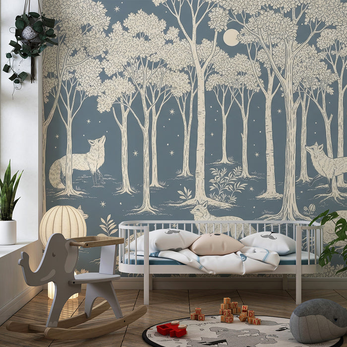 Children's bedroom wallpaper | Foxes in a starry forest with trees and moon