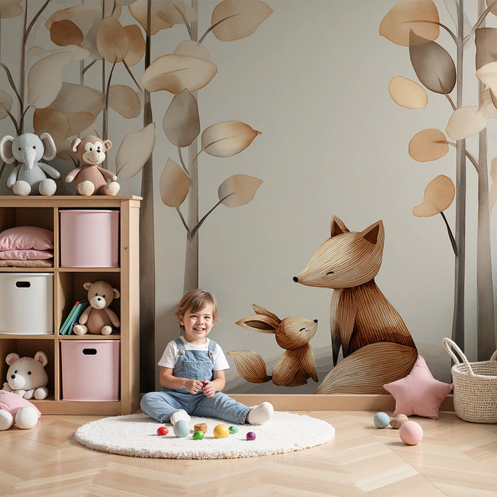 Dječja soba tapeta | Nježni lisice i umirujuća šumska scena u prirodnim tonovima