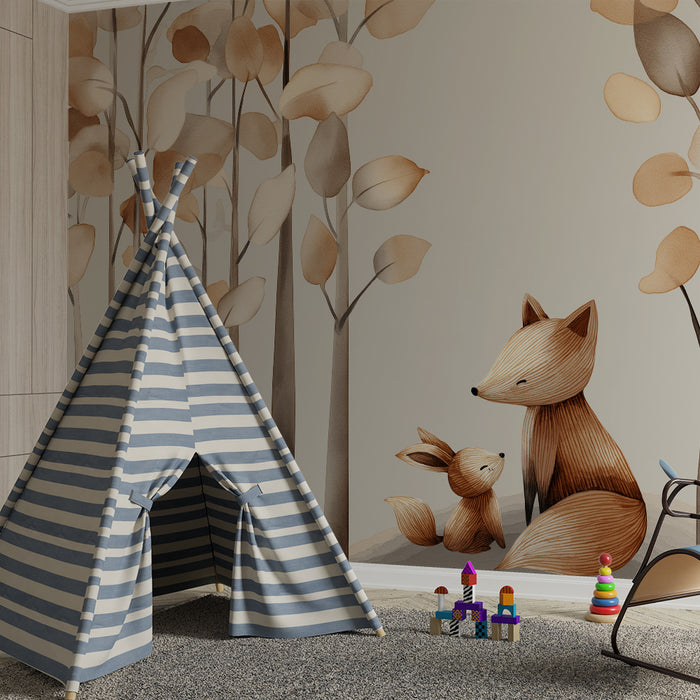 Dječja soba tapeta | Nježni lisice i umirujuća šumska scena u prirodnim tonovima