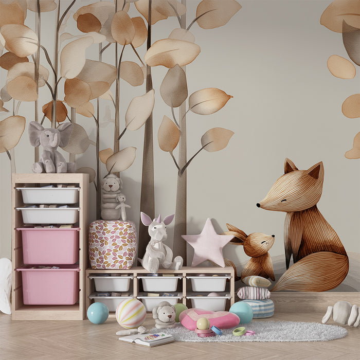 Dječja soba tapeta | Nježni lisice i umirujuća šumska scena u prirodnim tonovima