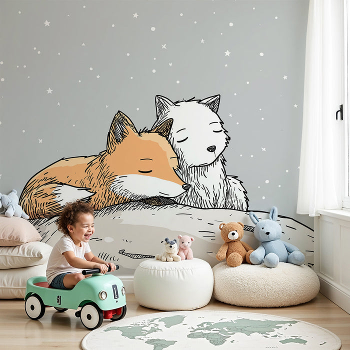 Kids room wallpaper | Sleeping foxes under a starry sky