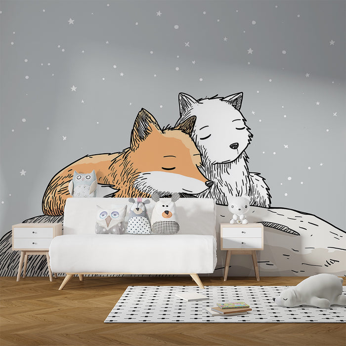 Kids room wallpaper | Sleeping foxes under a starry sky