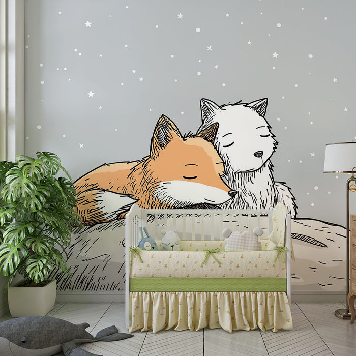 Kids room wallpaper | Sleeping foxes under a starry sky