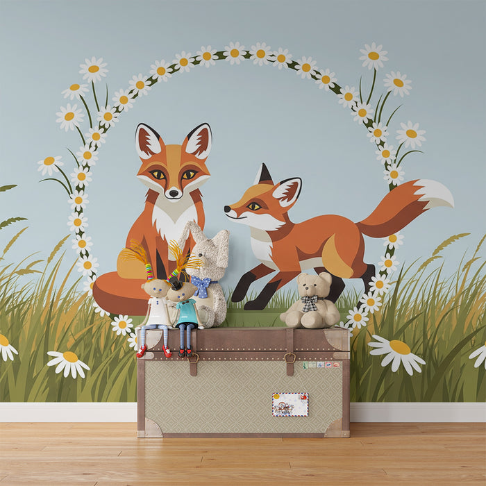 Barntapet | Lekfulla rävar i en blomsteräng