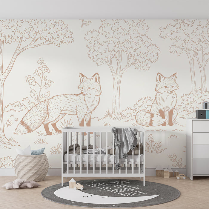 Tapete Kinderzimmer | Verspielte Füchse in einer zarten Waldlandschaft