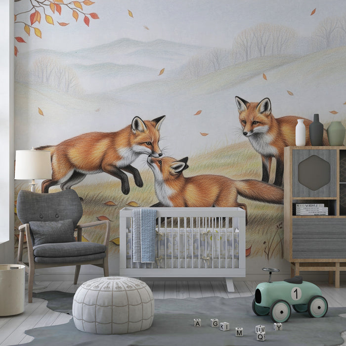 Kids room wallpaper | Playful foxes in autumn