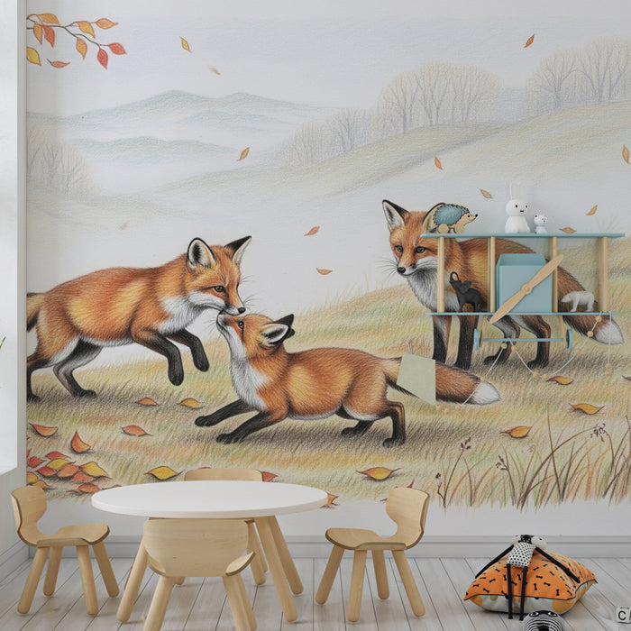 Kids room wallpaper | Playful foxes in autumn