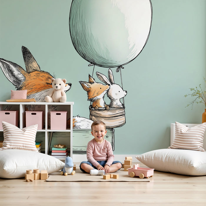 Kinderkamer behang | Vossen en avontuur in een luchtballon