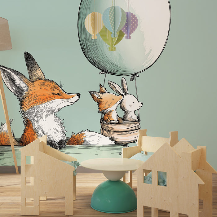 Kinderkamer behang | Vossen en avontuur in een luchtballon