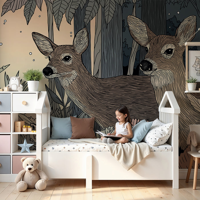 Papier peint chambre enfant | Renards et cerfs dans une forêt enchantée