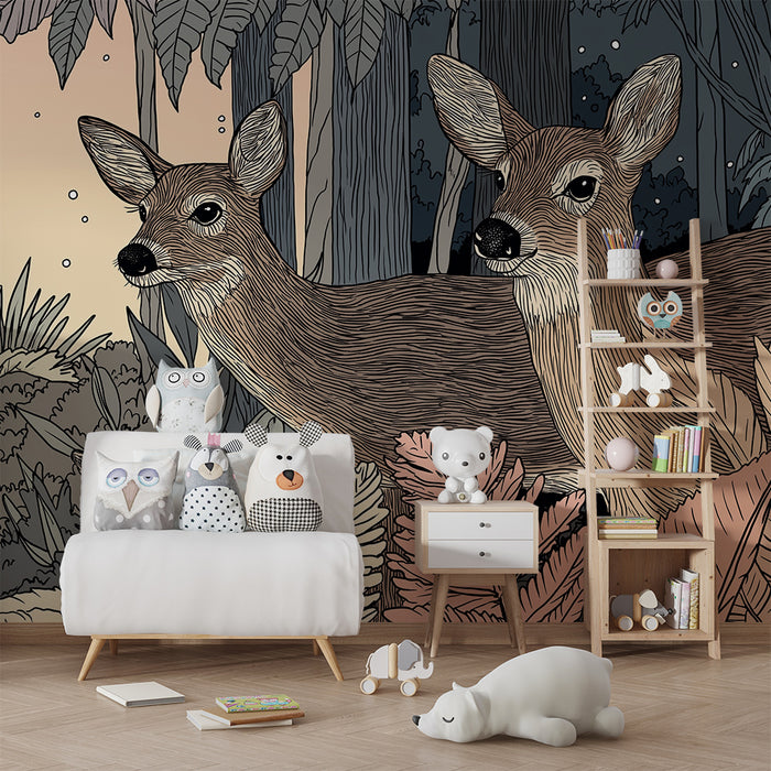 Papier peint chambre enfant | Renards et cerfs dans une forêt enchantée