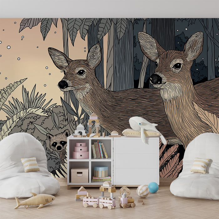 Papier peint chambre enfant | Renards et cerfs dans une forêt enchantée
