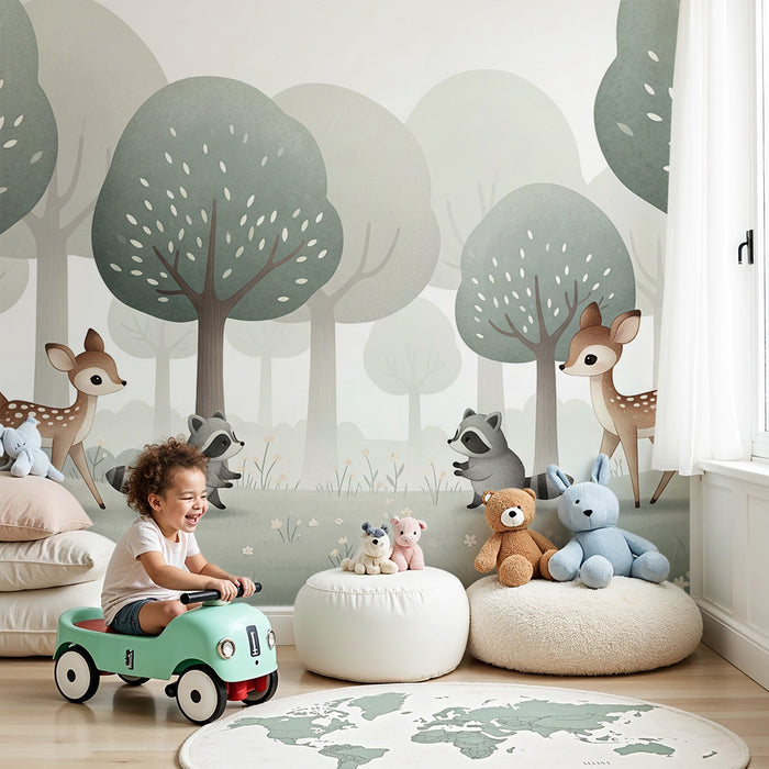 Papier peint chambre enfant | Renards et faons dans une forêt paisible
