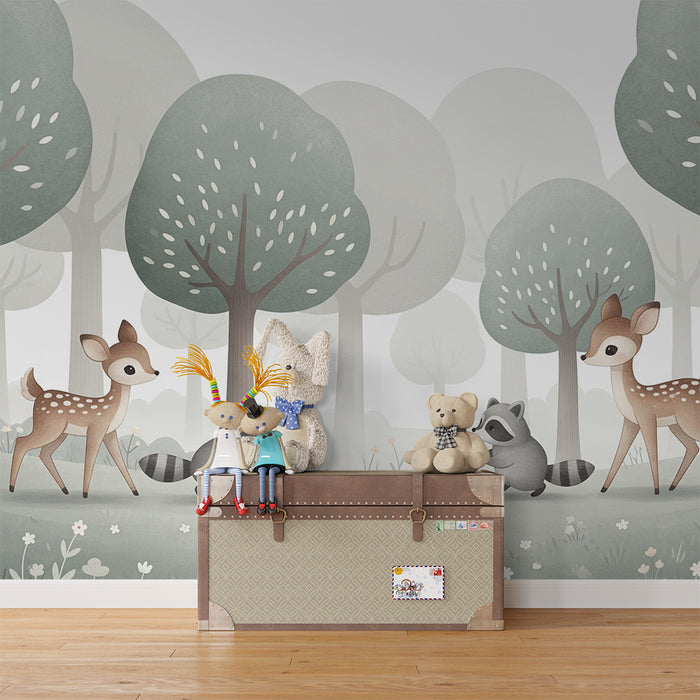 Papier peint chambre enfant | Renards et faons dans une forêt paisible