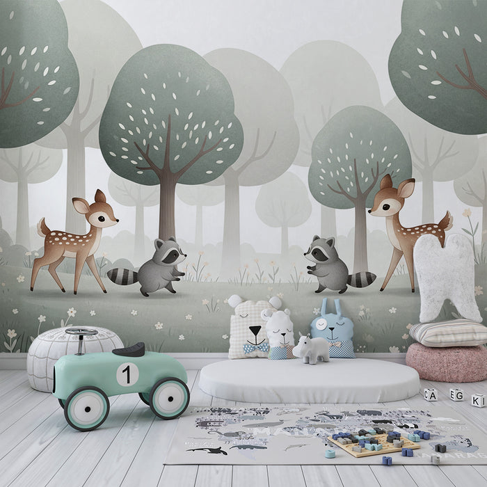 Papier peint chambre enfant | Renards et faons dans une forêt paisible