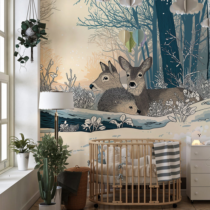 Carta da parati bambini | Volpi e fauna invernale in un paesaggio innevato