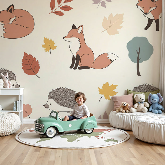 Carta da parati bambini | Volpi e ricci in un ambiente autunnale