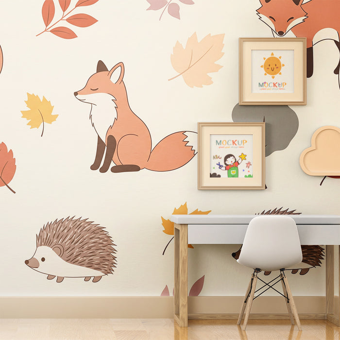 Carta da parati bambini | Volpi e ricci in un ambiente autunnale