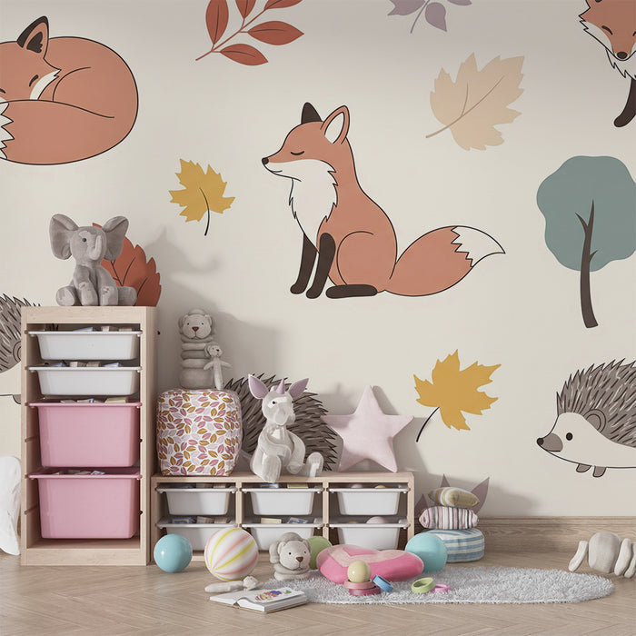 Carta da parati bambini | Volpi e ricci in un ambiente autunnale