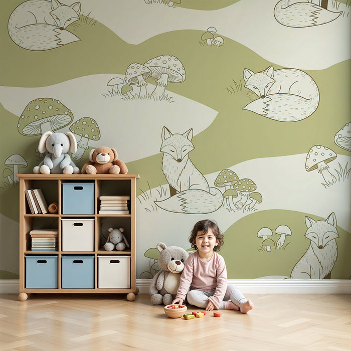 Papel de parede para quarto infantil | Raposas e ouriços numa paisagem suave