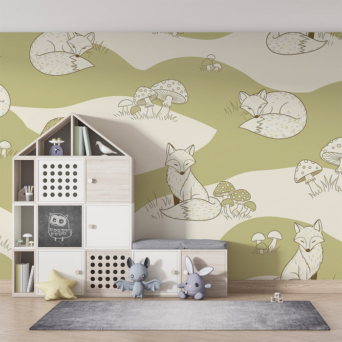 Papel de parede para quarto infantil | Raposas e ouriços numa paisagem suave