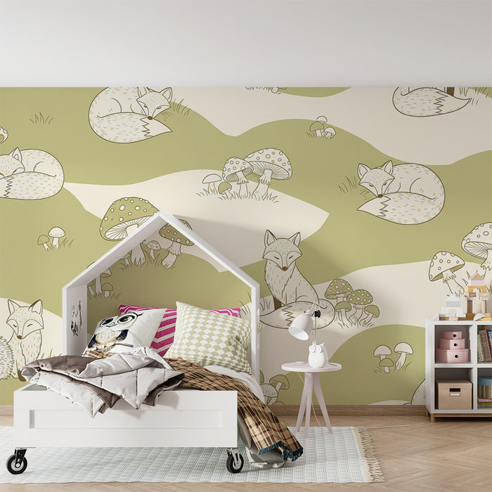 Papel de parede para quarto infantil | Raposas e ouriços numa paisagem suave