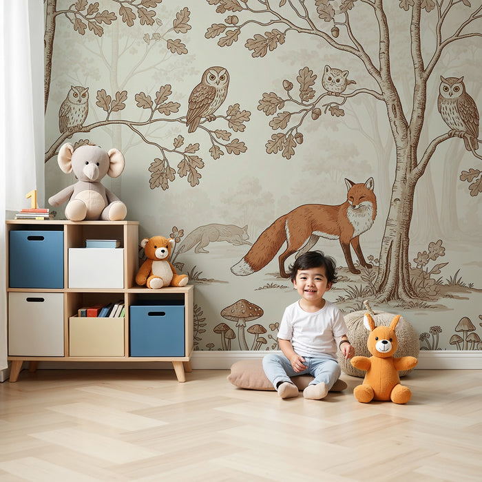 Papel pintado infantil | Zorros y búhos en un bosque tranquilo