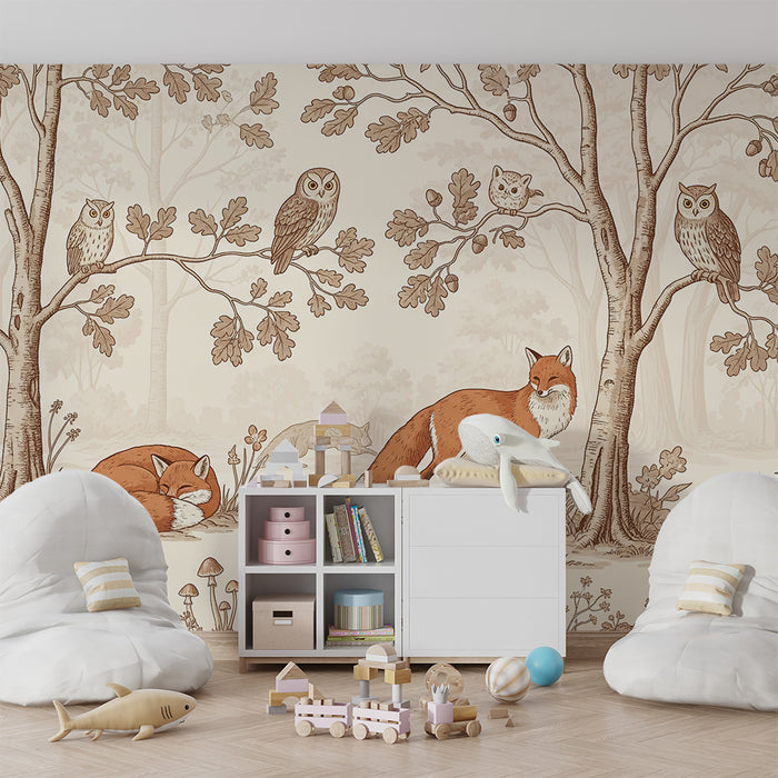 Papel pintado infantil | Zorros y búhos en un bosque tranquilo