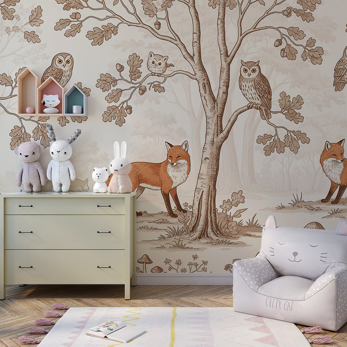 Papel pintado infantil | Zorros y búhos en un bosque tranquilo