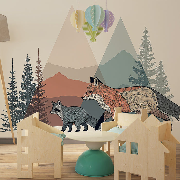 Barntapet | Rävar och berg i en stiliserad skog