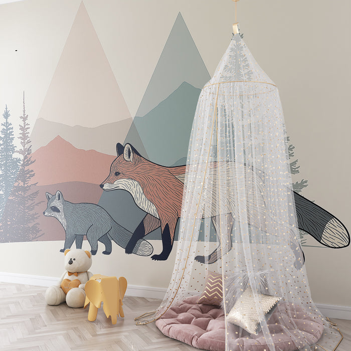 Barntapet | Rävar och berg i en stiliserad skog