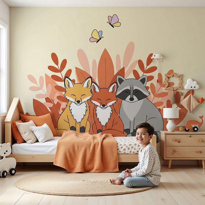 Carta da parati bambini | Volpi e procione in mezzo a fogliame colorato