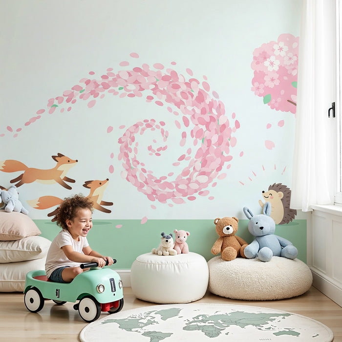 Kids room wallpaper | Playful foxes and hedgehog under the blooming cherry trees