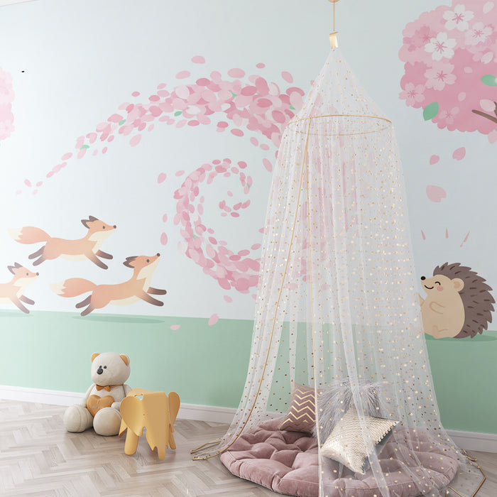 Kids room wallpaper | Playful foxes and hedgehog under the blooming cherry trees