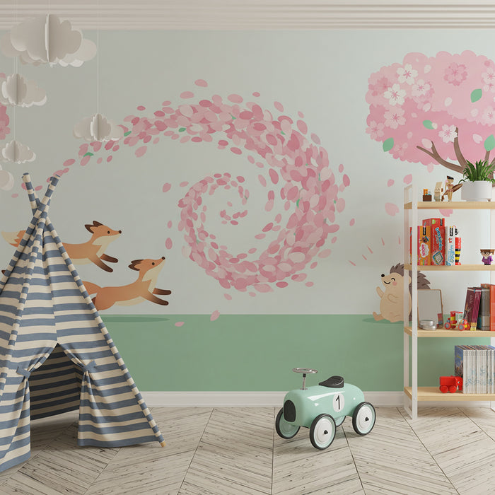 Kids room wallpaper | Playful foxes and hedgehog under the blooming cherry trees