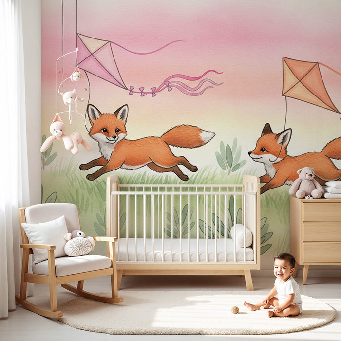 Papier peint chambre enfant | Renards joyeux avec cerfs-volants dans le ciel